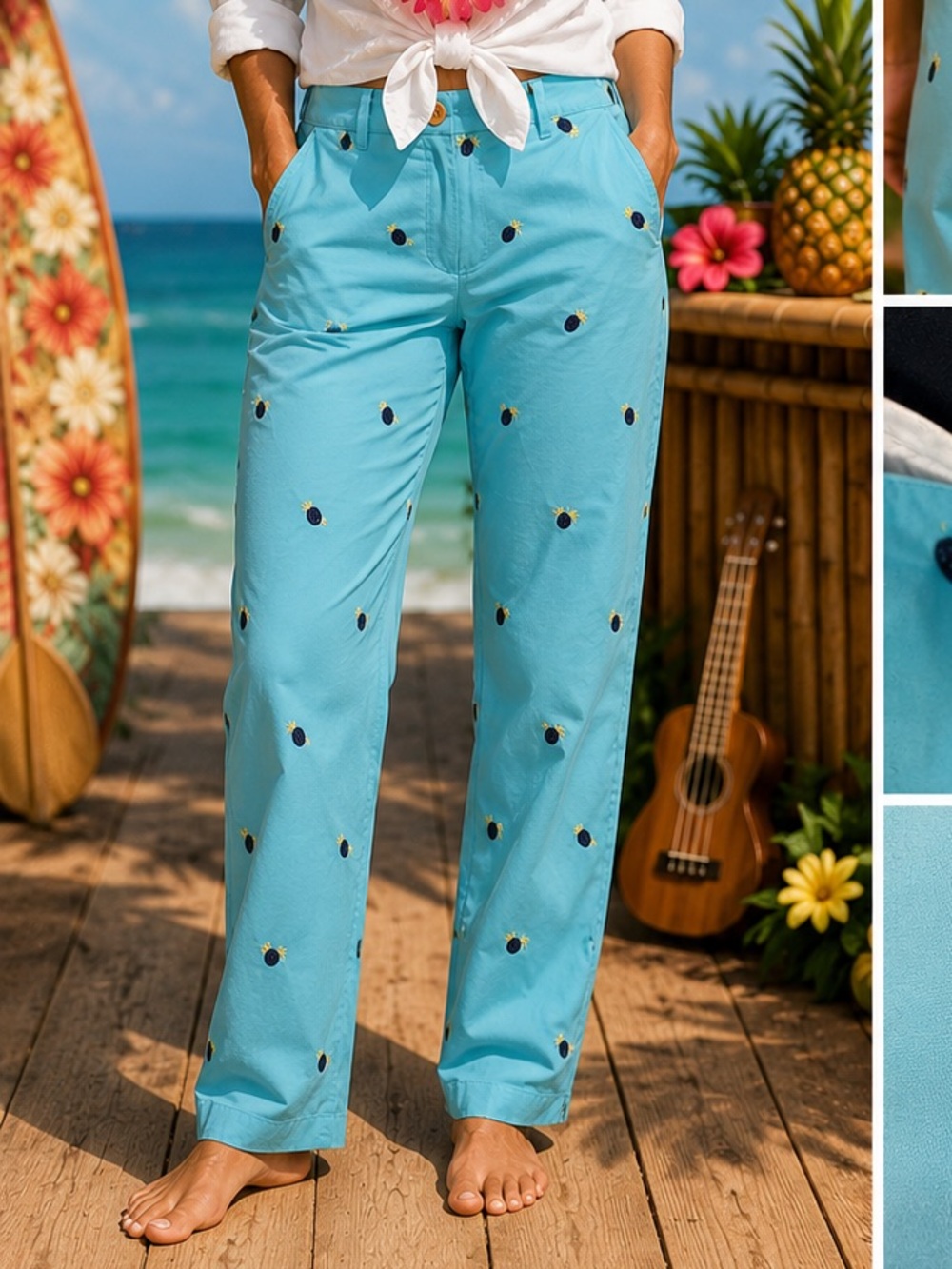 Tommy Hilfiger,Pineapple Embroidered Aqua  Pants Preppy Resort,Exclt Con,Size 8